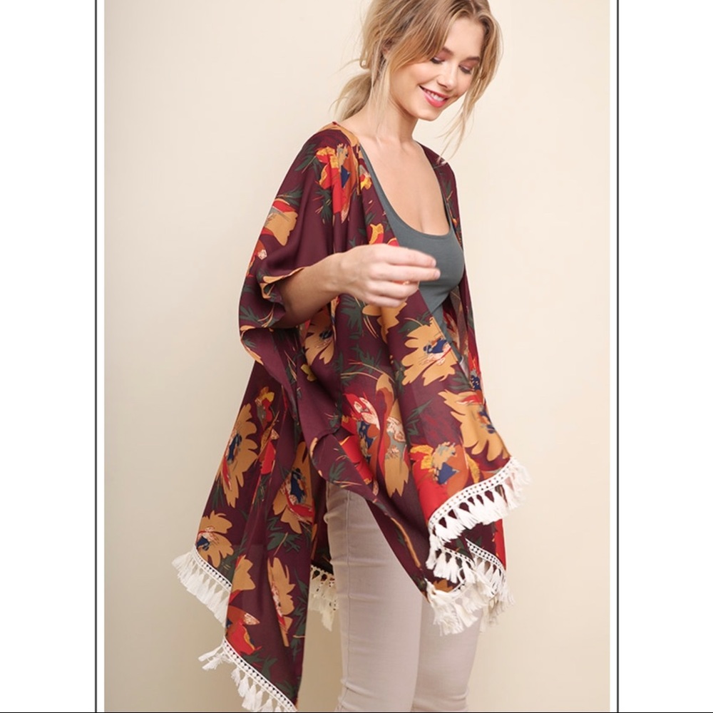 Floral Print Kimono Tassel Trim - Picture 3 of 10
